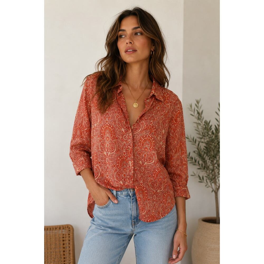 Michael Kors Paisley Print Button Down Shirt Long Sleeve 100% Cotton Orange M